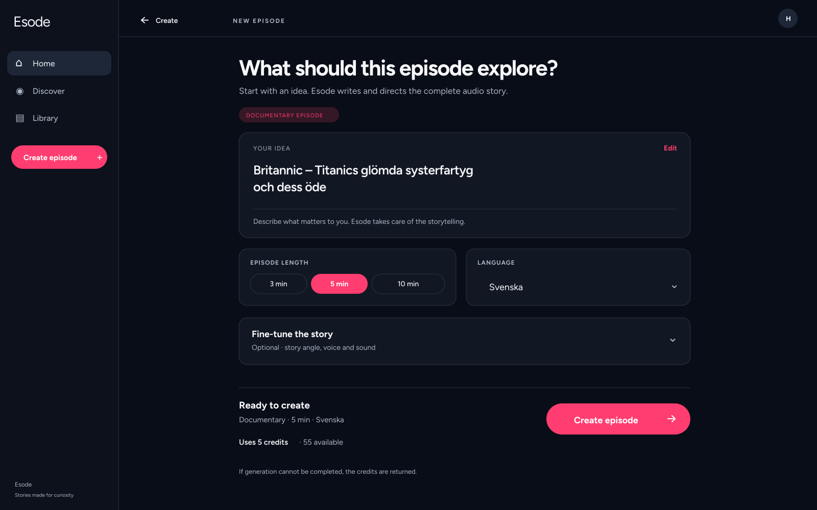 Esode app on desktop, dark mode