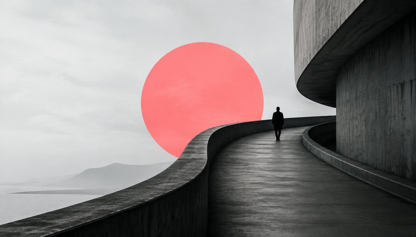 Esode’s pink sun above a sculptural concrete walkway
