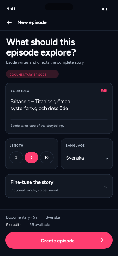 Esode app on mobile, dark mode